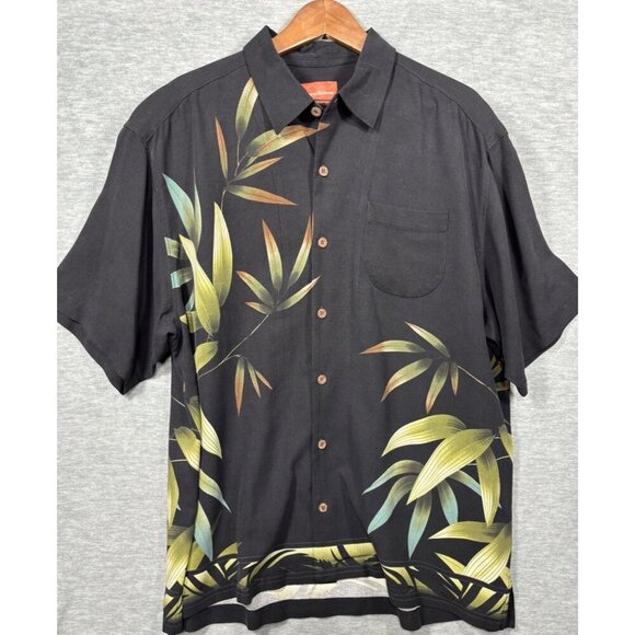 Tommy Bahama Mens Shirt XL Black Tropical Print 100% Silk Hawaiian Palm - Picture 1 of 4